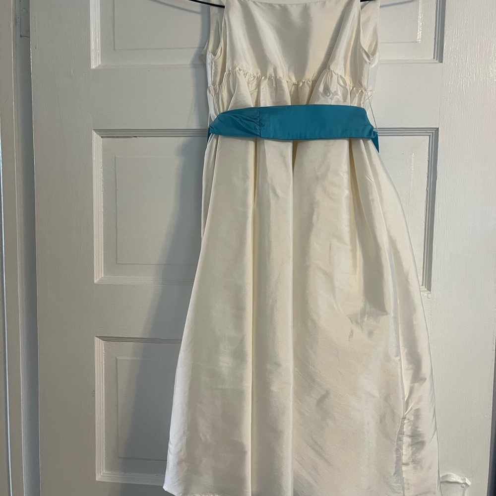 Us Angels Cream Dress with Blue Sash